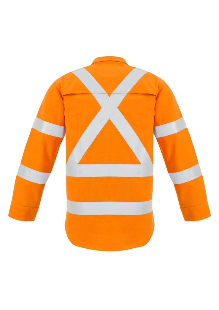 A hi-vis orange shirt featuring reflective stripes in an X-back design, designed for workwear.