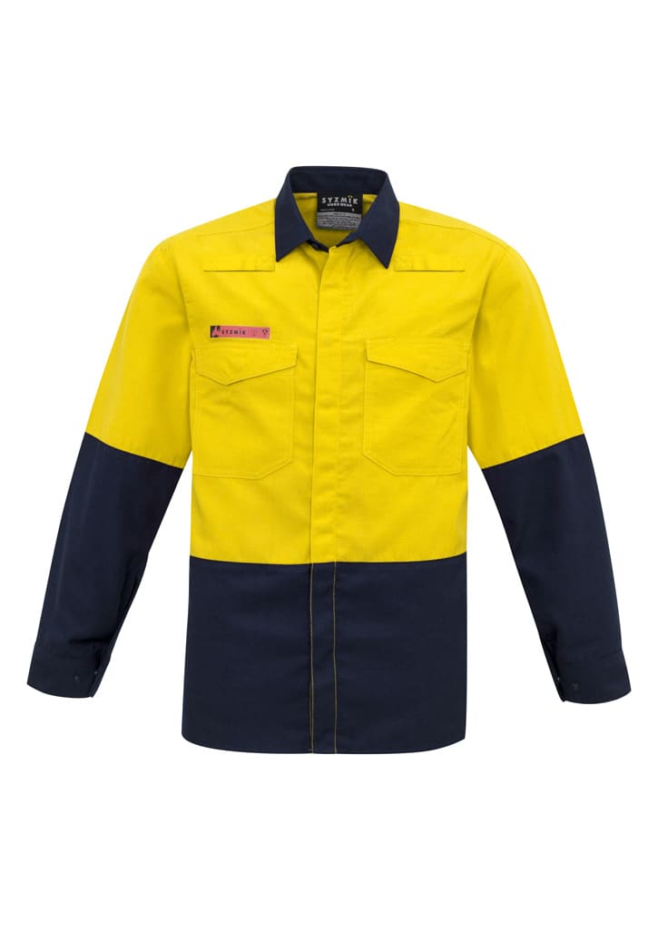 A high-visibility work shirt featuring a bright yellow top and navy blue sleeves, with a logo on the chest.