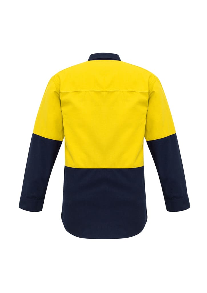 A men's hi-vis spliced shirt featuring a bright yellow upper half and navy blue lower half, with long sleeves.