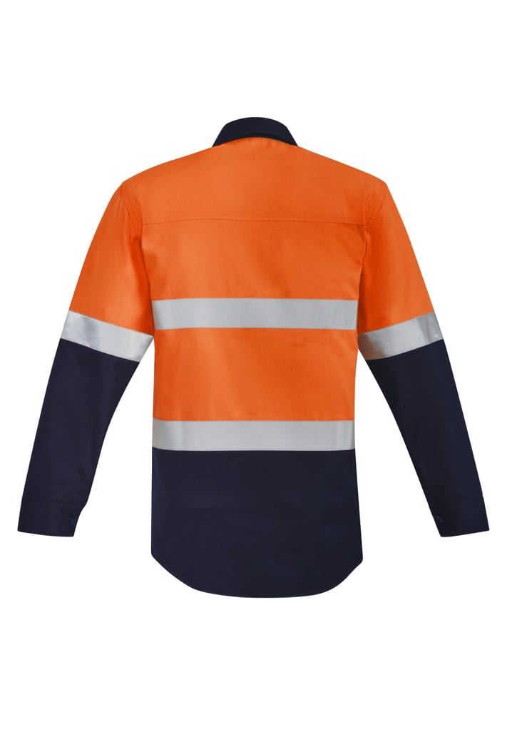 A men's hi-vis shirt with orange and navy panels and reflective hoop tape detailing on the sleeves.