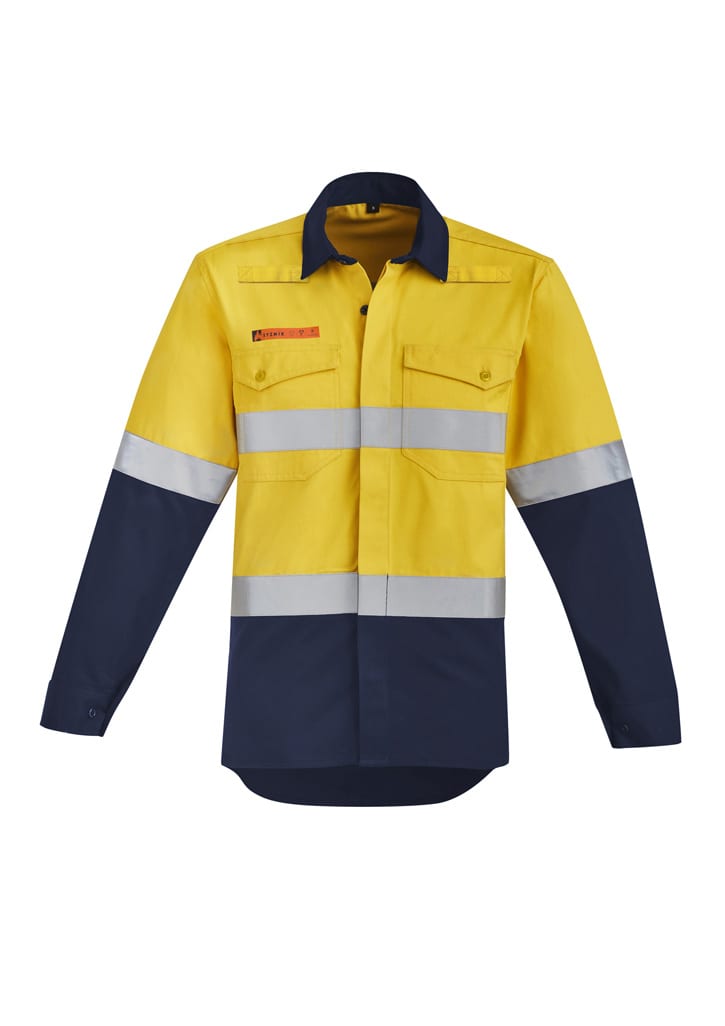 A mens hi-vis shirt featuring orange flames, hoop tape, and a spliced design in yellow and navy. It includes two front pockets and has a logo.