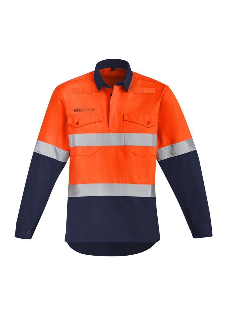 Hi-visibility orange and navy work shirt with closed front and hoop tape design. Features two chest pockets and a logo.