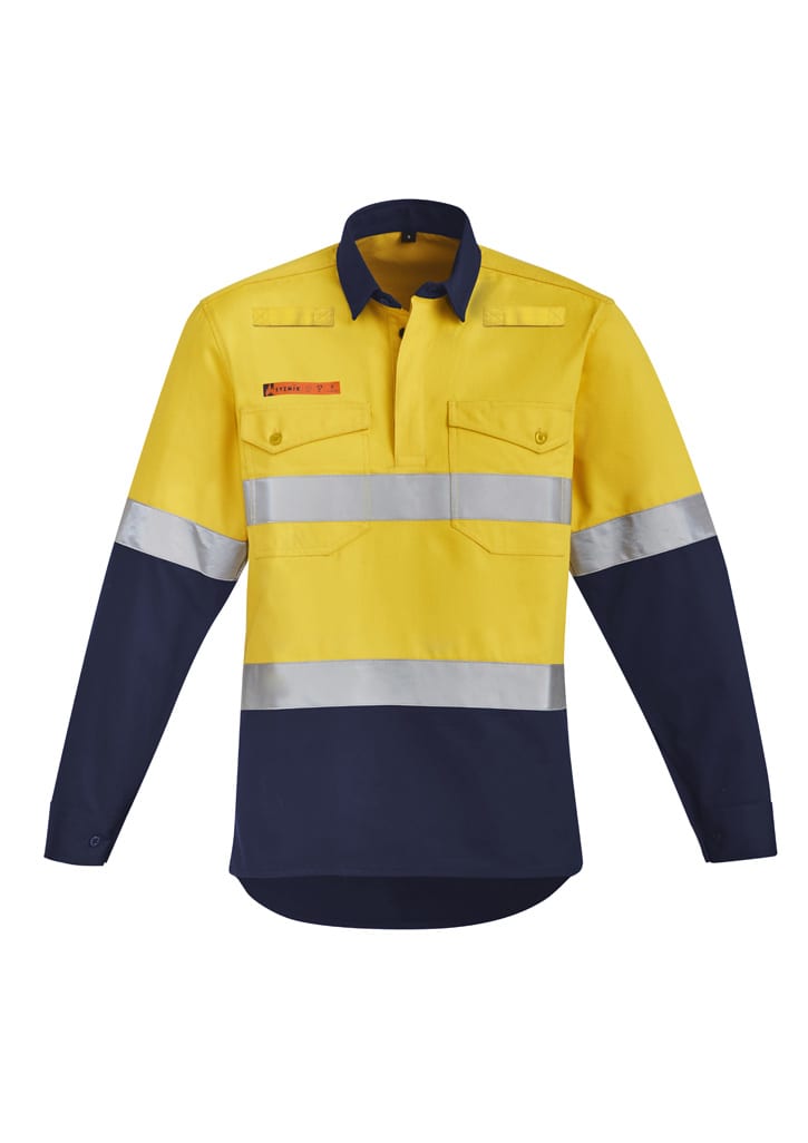 Hi-vis work shirt featuring orange and navy blue colours with reflective hoop tape for visibility. Includes dual chest pockets and a logo.