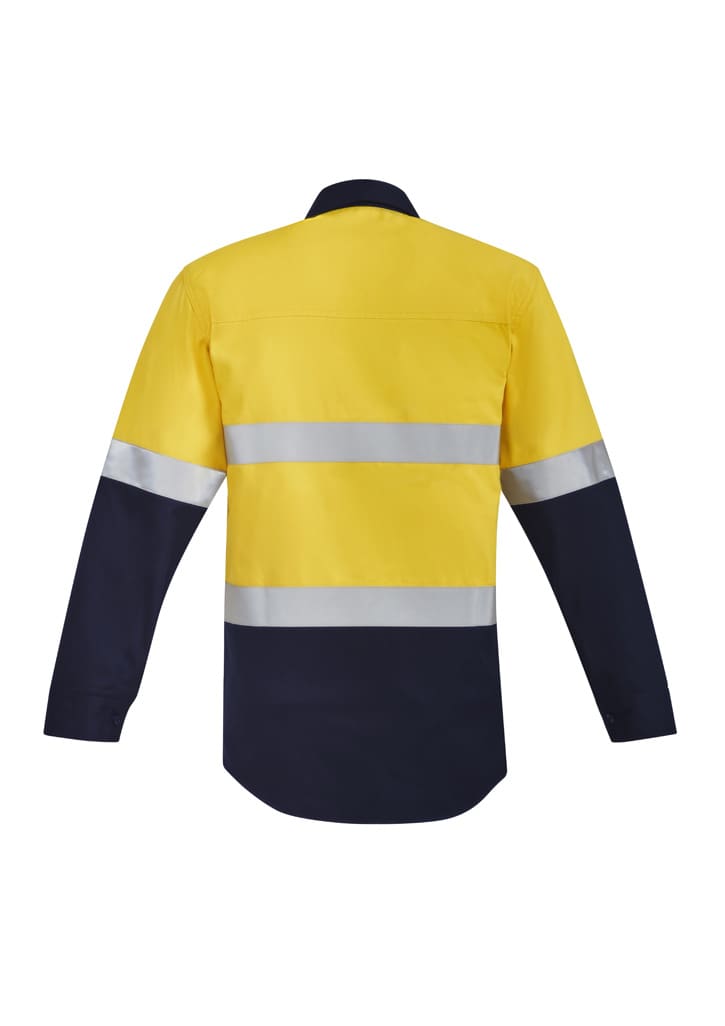 A high-visibility shirt in orange and navy, featuring hoop tape and a closed front design, with reflective stripes.