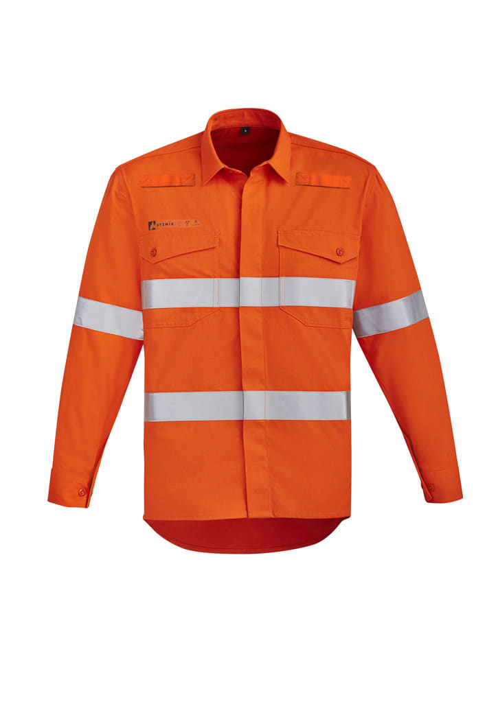 An orange hi-vis open front shirt featuring hoop tape with long sleeves and two chest pockets.