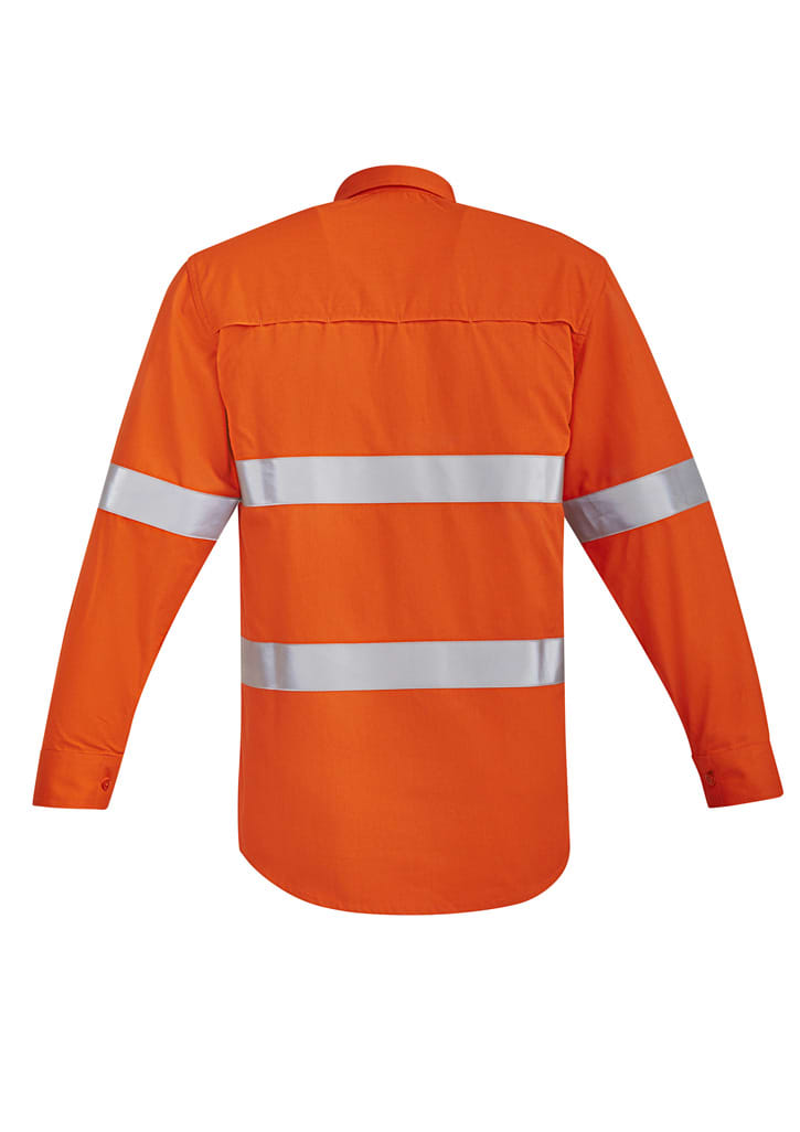 An orange hi-vis work shirt with hoop-taped reflective stripes on the back and long sleeves.