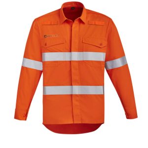 An orange hi-vis open front shirt featuring hoop tape with long sleeves and two chest pockets.