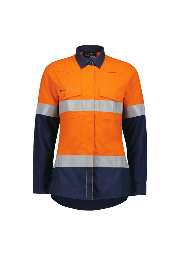 A lightweight women's shirt featuring an orange body and navy blue sleeves, with reflective stripes and pockets.