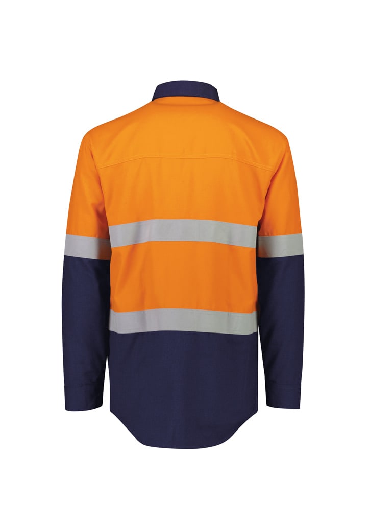 A spliced work shirt featuring orange and navy colours with reflective hoop tape details and a logo.