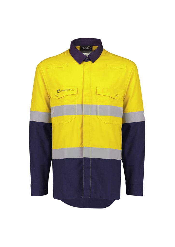 Men's lightweight ripstop shirt in yellow and navy, featuring reflective hoop tape and front pockets. Includes branding.