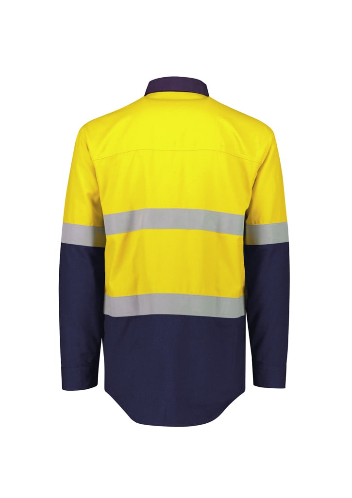 A lightweight ripstop shirt in bright yellow and navy, featuring hoop taping for high visibility. Includes a branding logo.