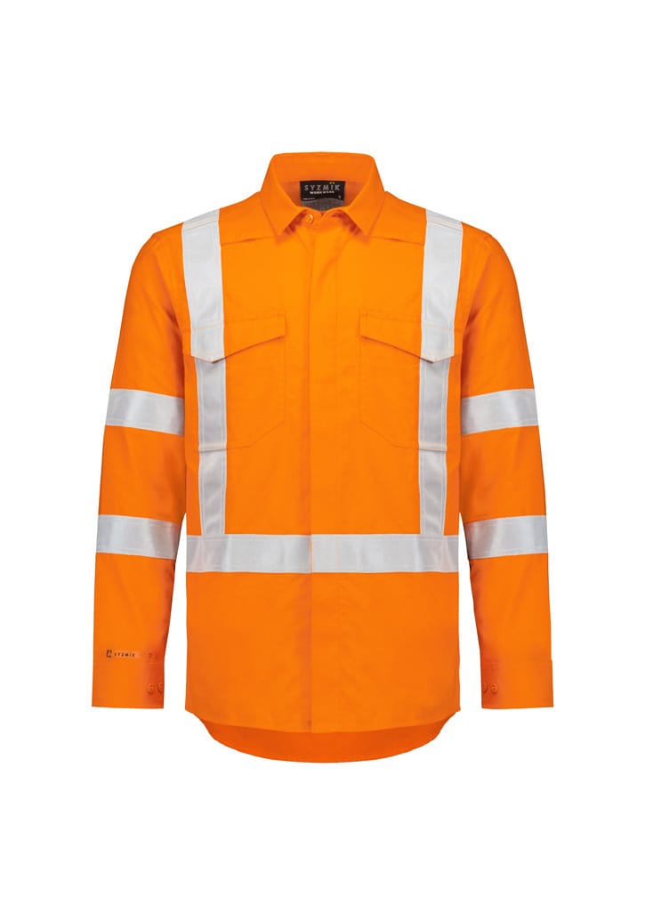 A long-sleeved work shirt in bright orange with reflective tape across the chest and arms, featuring two front pockets and a logo.