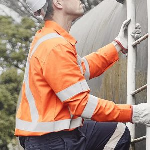 A man wearing an orange flame lightweight shirt with reflective tape climbs a ladder, wearing a helmet and gloves.