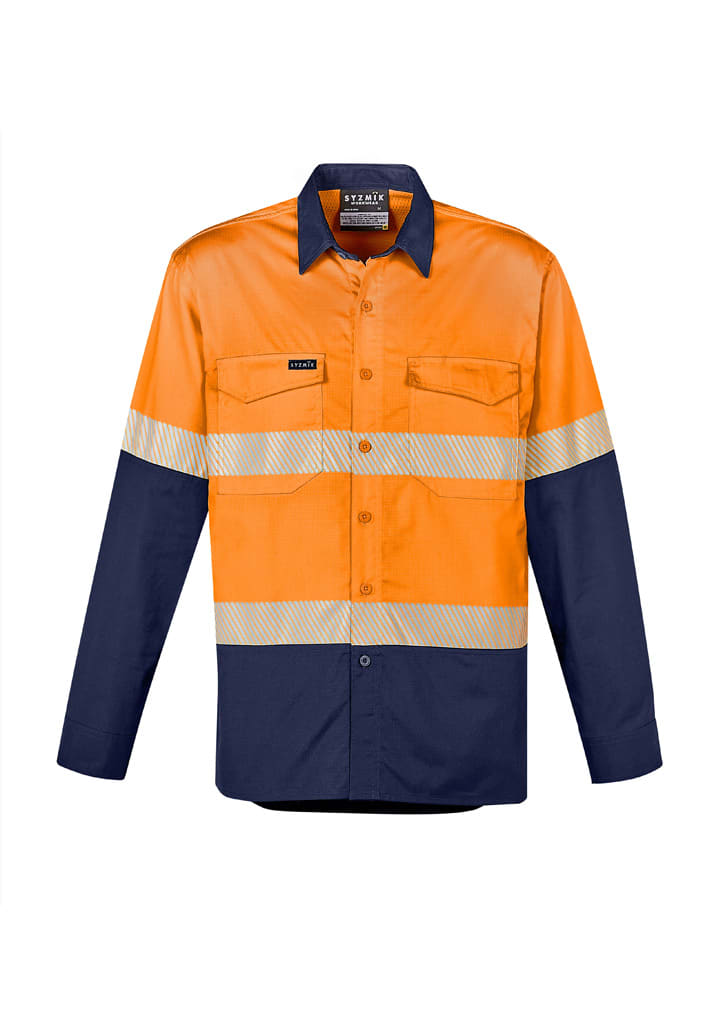 Rugged long sleeve shirt featuring segmented hi-vis tape, in orange and navy colours, with a logo on the chest.