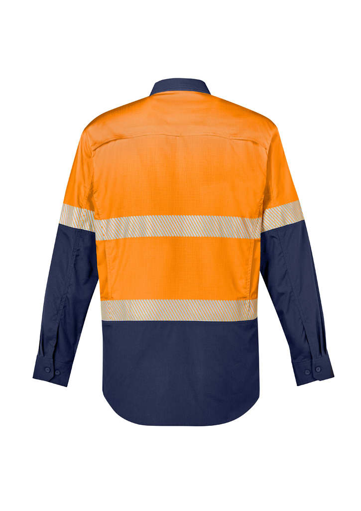 A long sleeve shirt featuring a navy blue and high visibility orange design, with segmented reflective tape across the back.