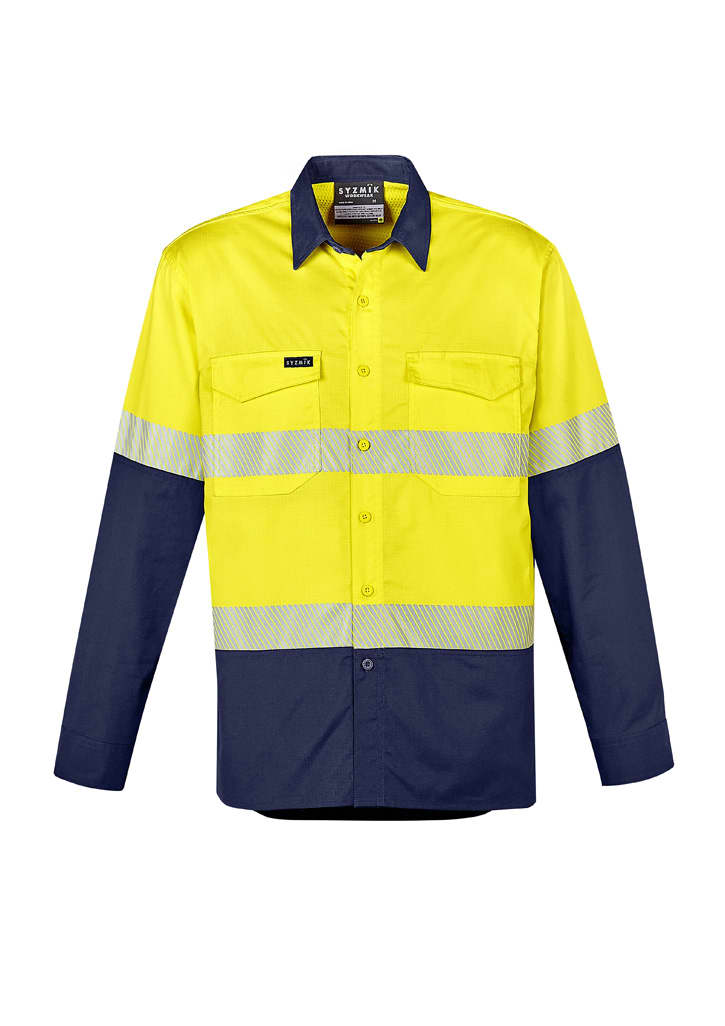 A long sleeve shirt featuring high visibility yellow and navy blue colours with segmented reflective tape and branding.