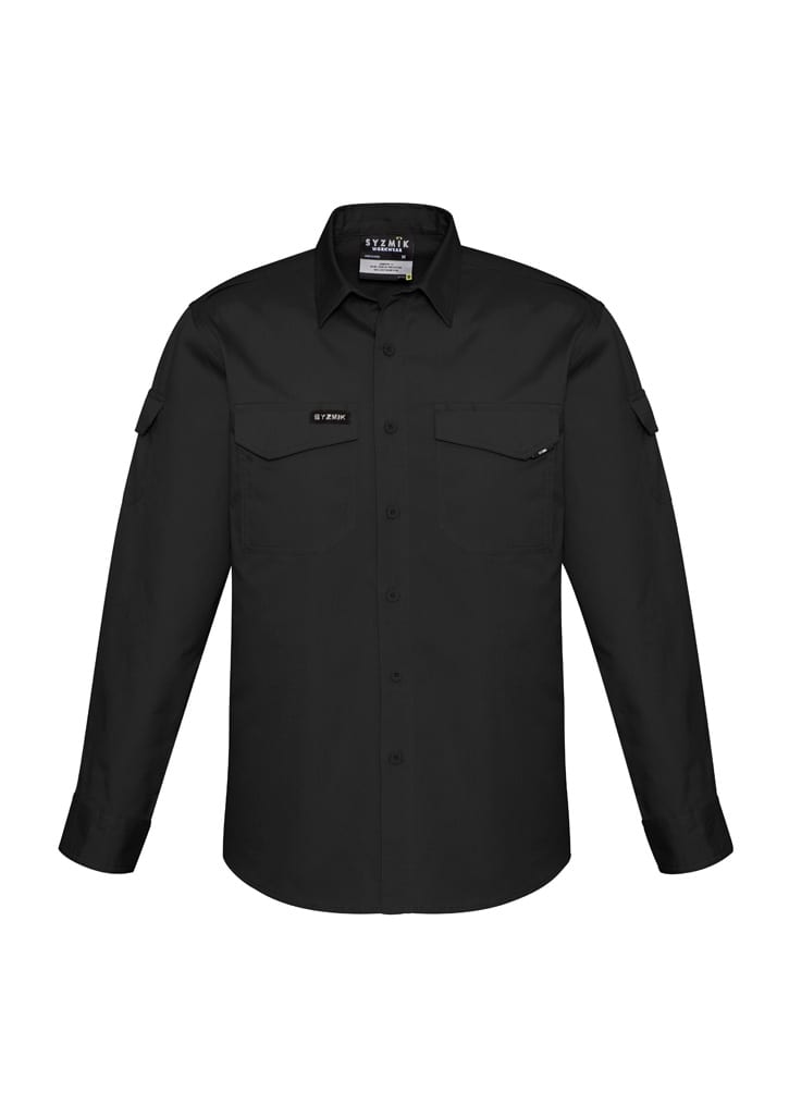 A black long sleeve button-up shirt with two chest pockets and shoulder epaulettes, featuring a logo on the front.