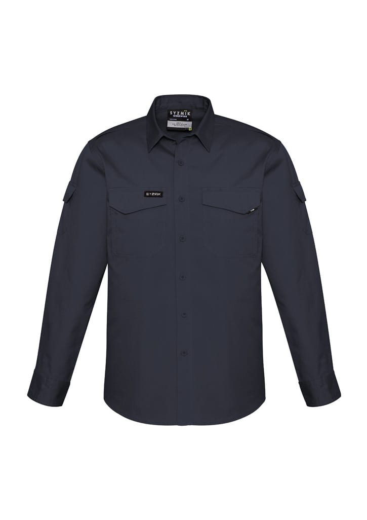 A long sleeve, button-up shirt in dark navy featuring two chest pockets and a logo on the front.