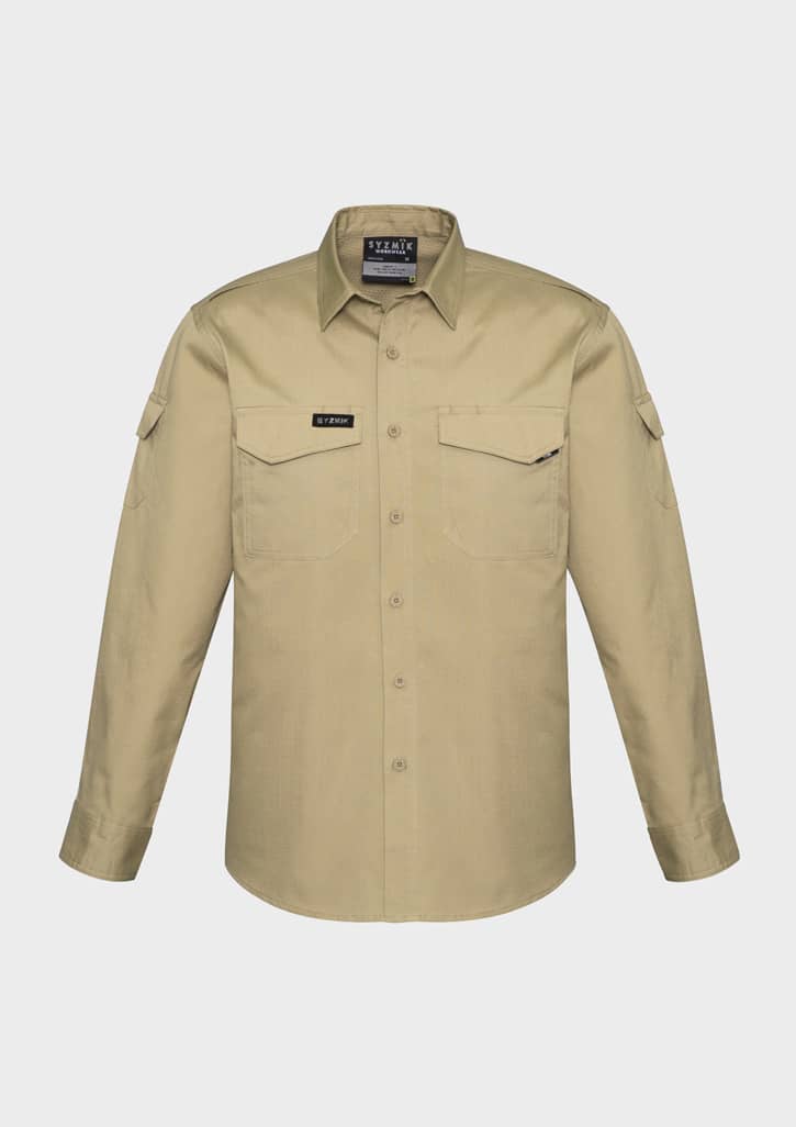 A khaki long sleeve shirt with a button-up front, featuring two chest pockets and a logo.