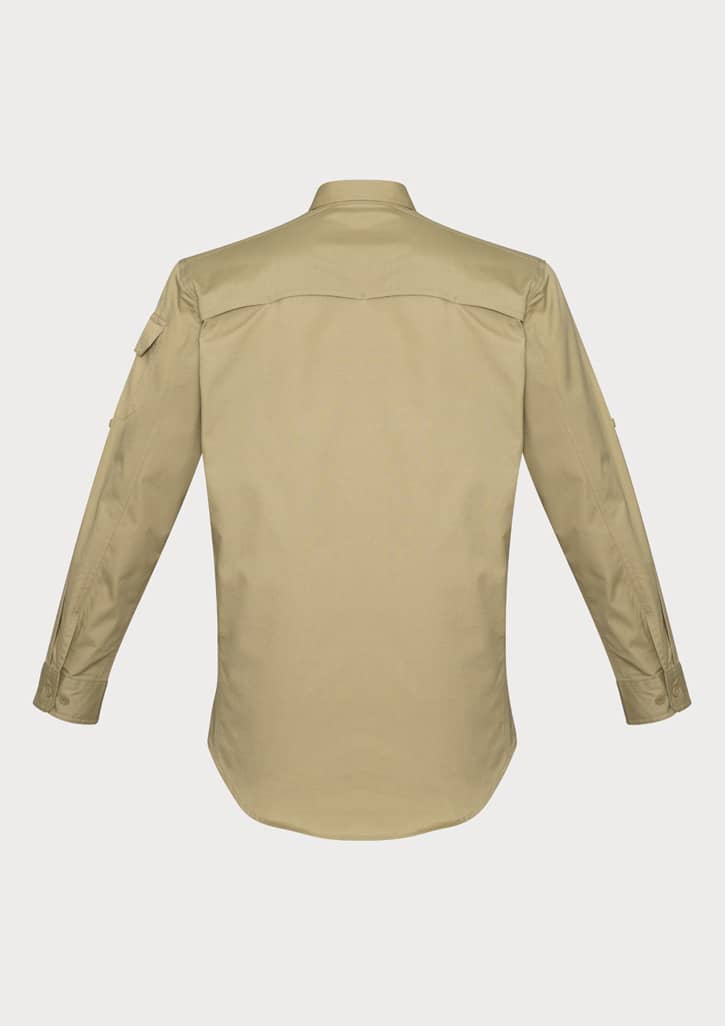 A long sleeve button-up shirt in khaki, featuring a back yoke and a logo.