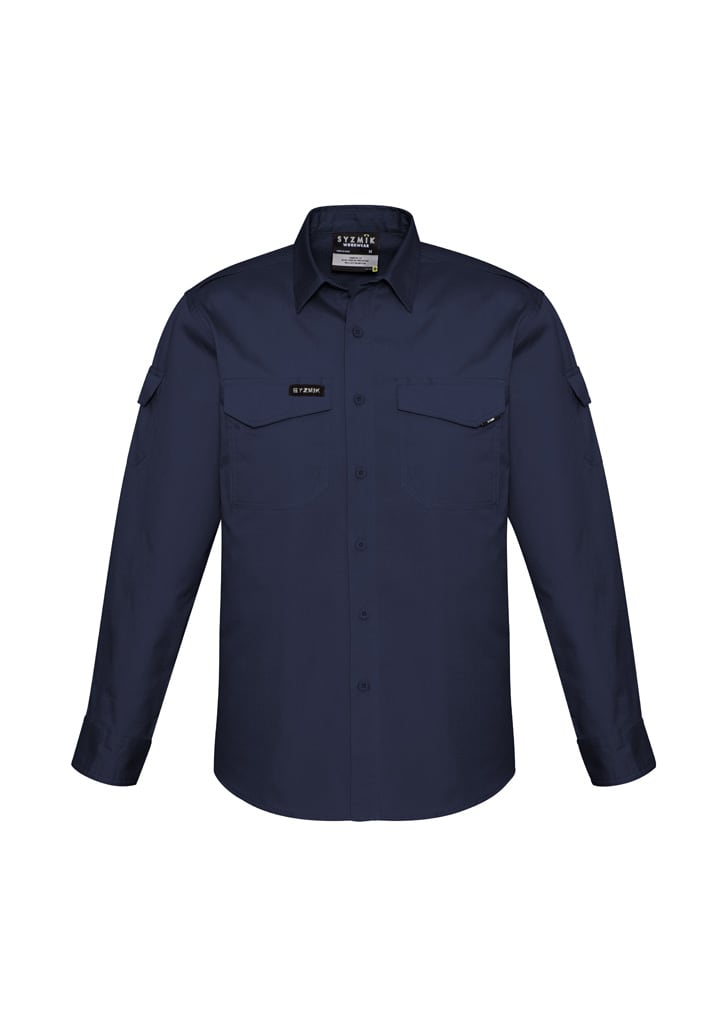 A navy blue long sleeve button-up shirt with two chest pockets and a logo.