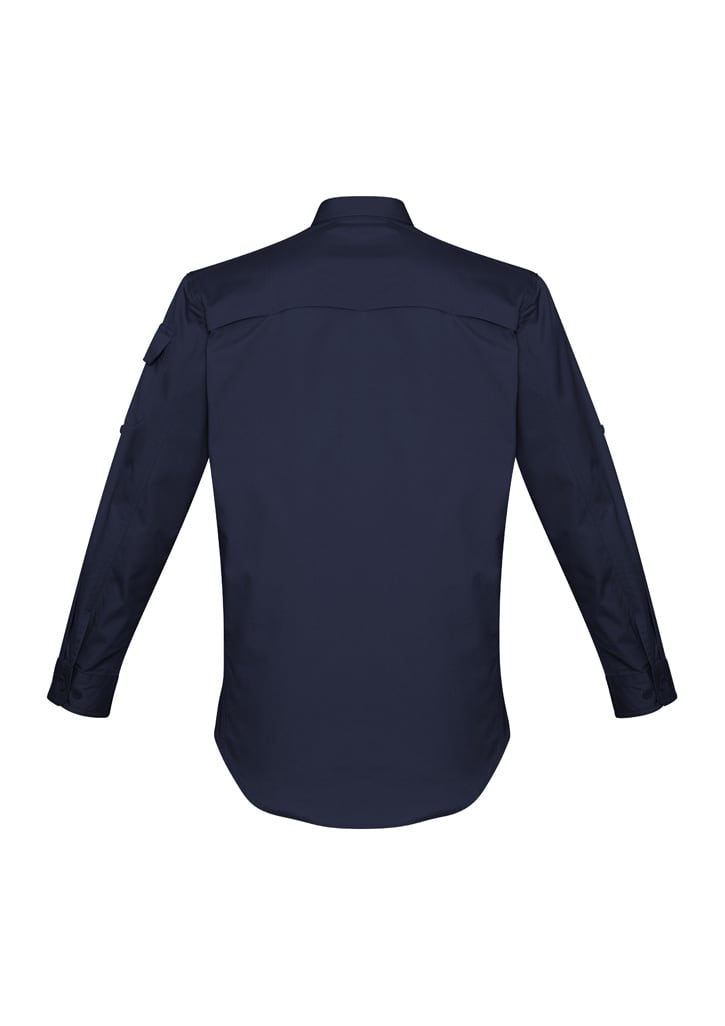 A navy long sleeve shirt with a button-up design and shoulder pockets. The shirt features a logo on one side.