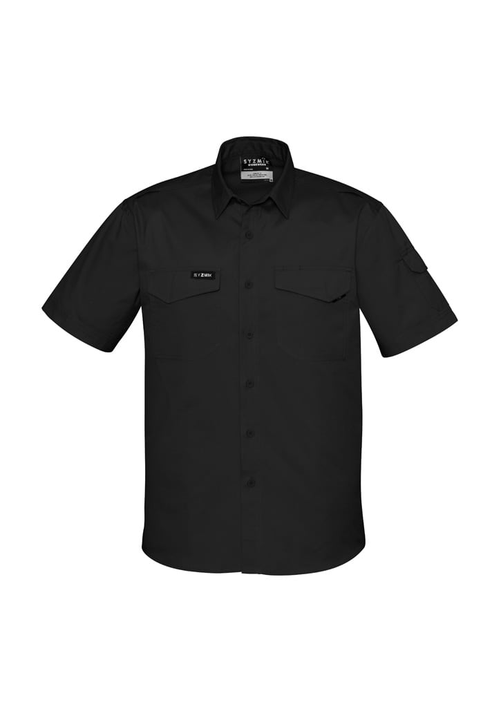 A black short sleeve shirt with two front pockets and a logo. Suitable for rugged wear and cooling comfort.