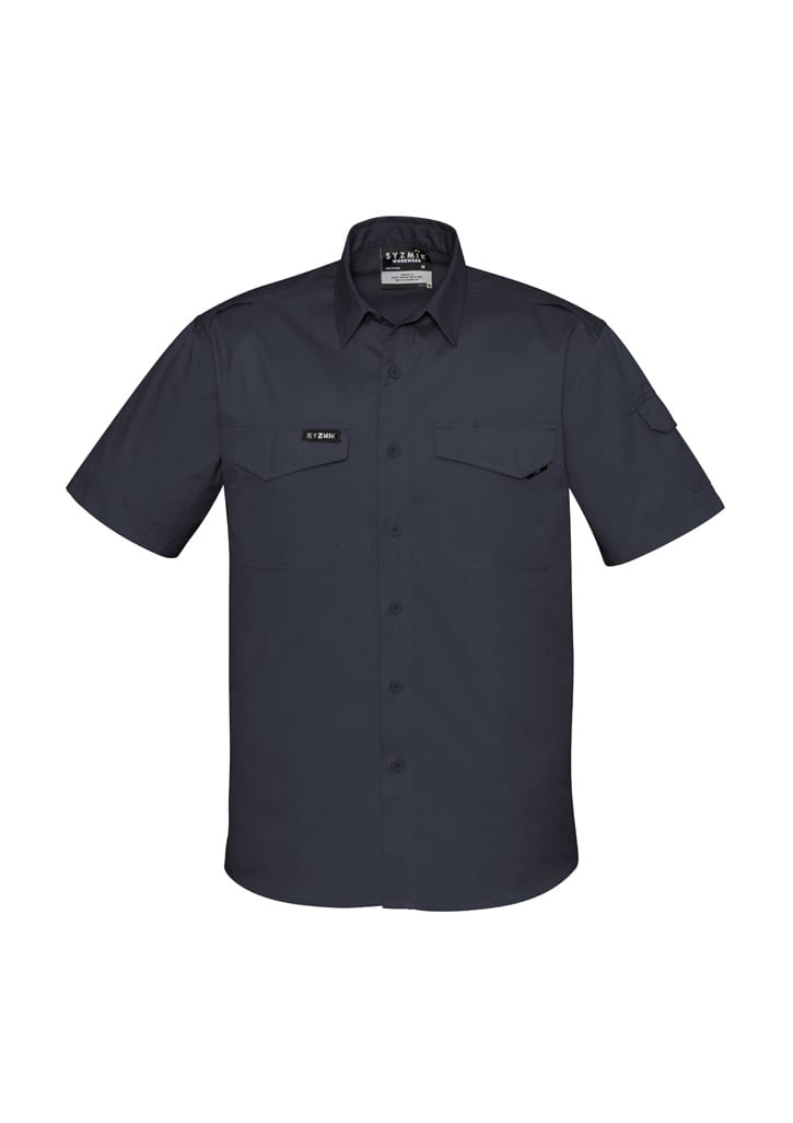A dark blue short sleeve shirt with two front pockets and a logo on the chest.