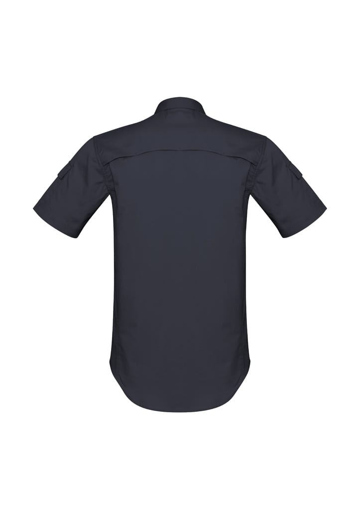 A dark navy short sleeve shirt with a back yoke and side pockets, featuring a logo.