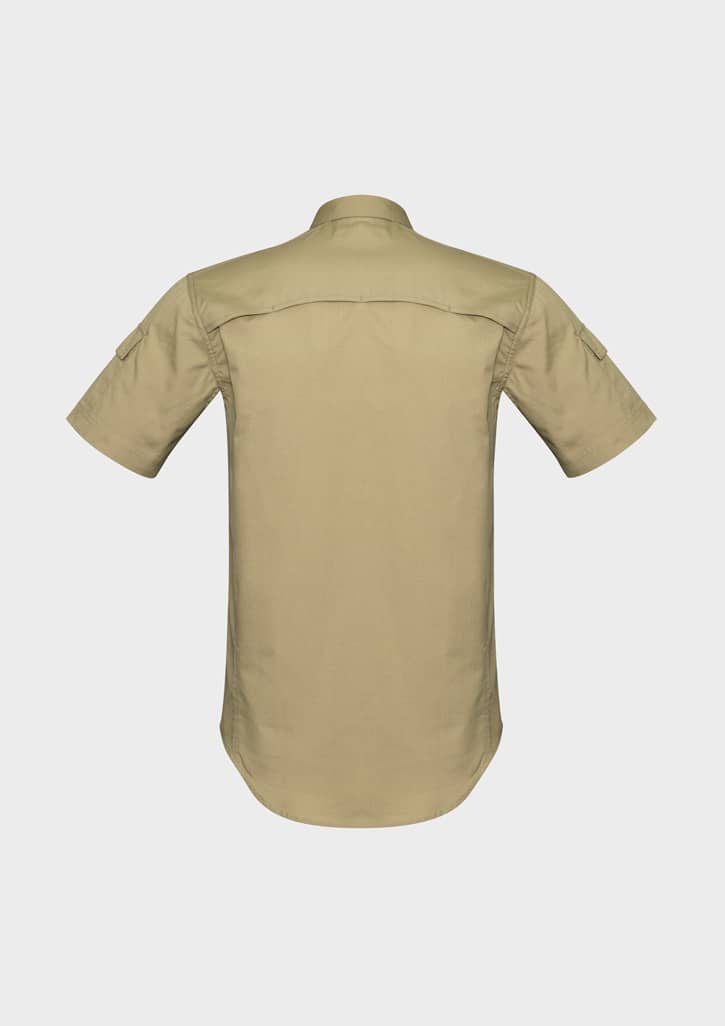 A short-sleeve shirt in khaki with a back yoke and branded logo detail.