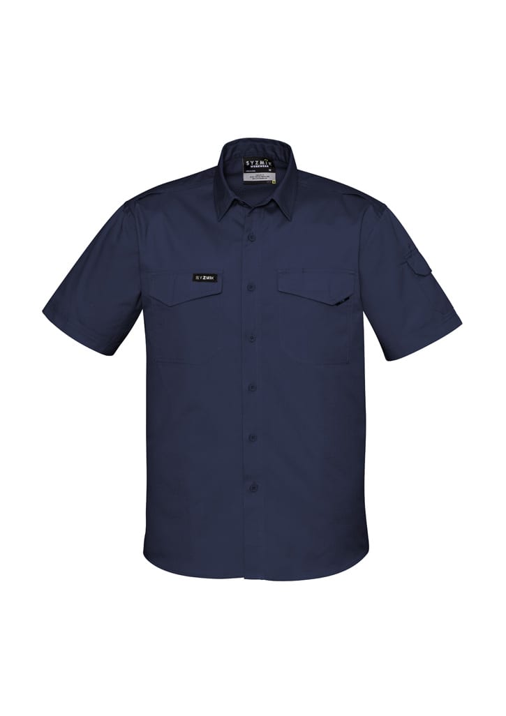 A short-sleeve shirt in navy blue, featuring a chest pocket and a logo on the front.