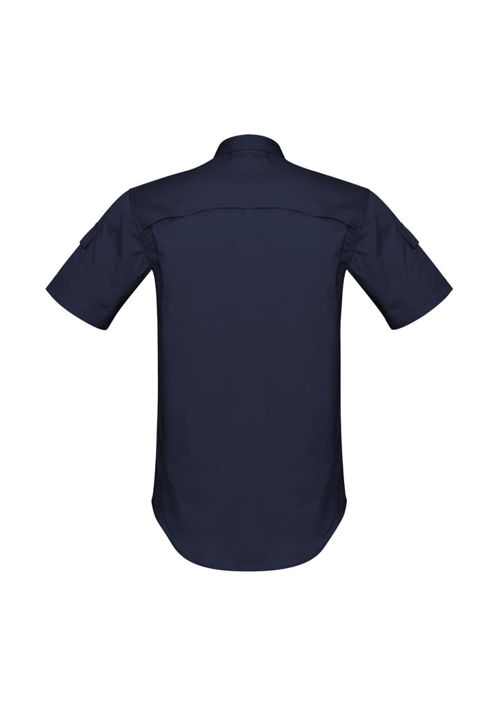 A short sleeve shirt in navy blue featuring a rear yoke and side pockets, with branding on the fabric.