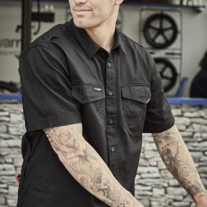 A black short-sleeve shirt with a button-up front, featuring two chest pockets and a logo.
