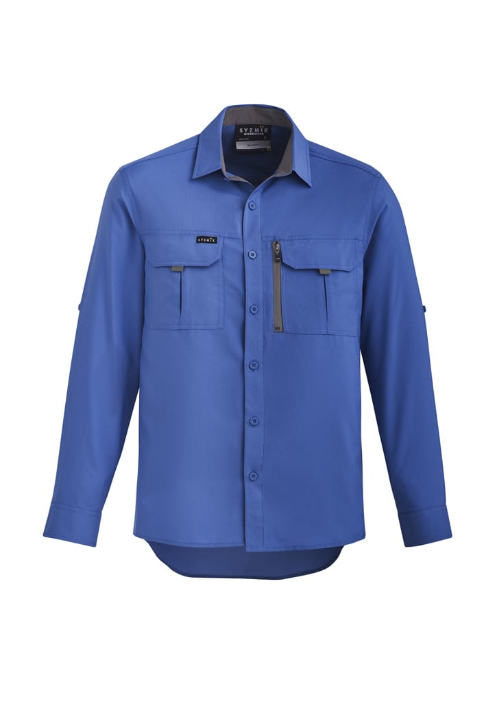 A blue long sleeve button-up shirt featuring two chest pockets and a zippered pocket, with a logo on the front.