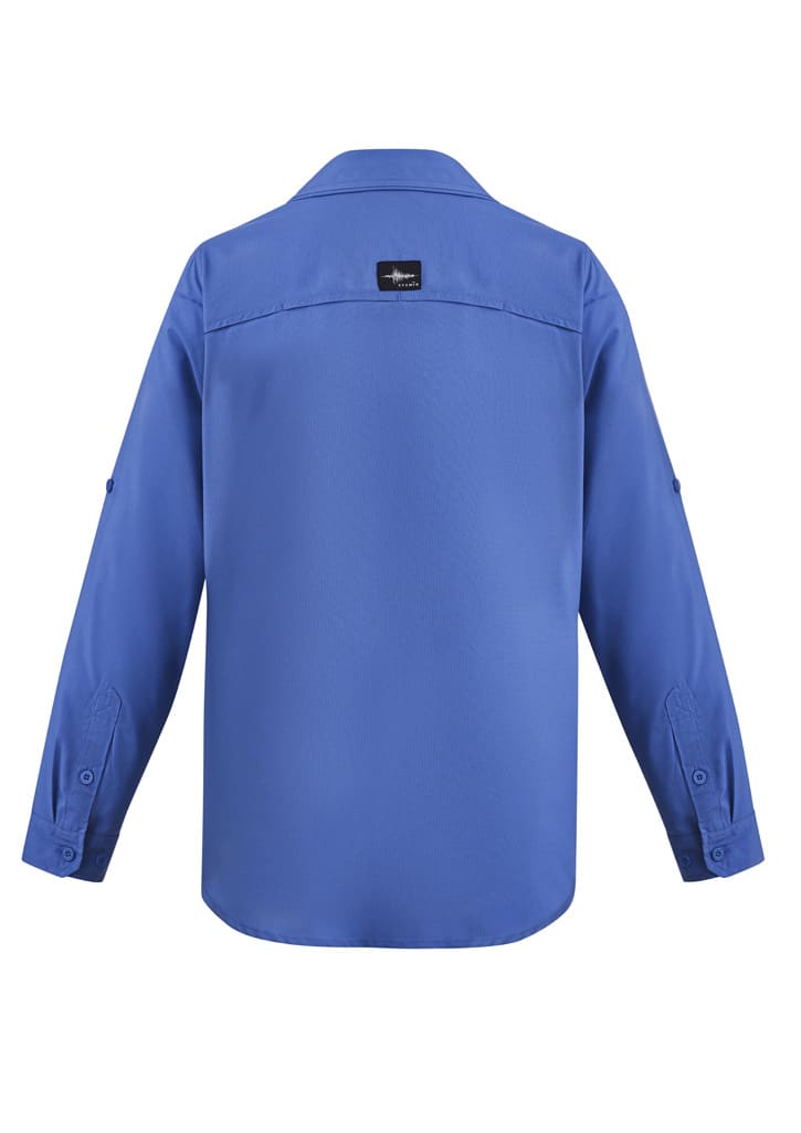 A long sleeve blue button-up shirt featuring a logo on the back.