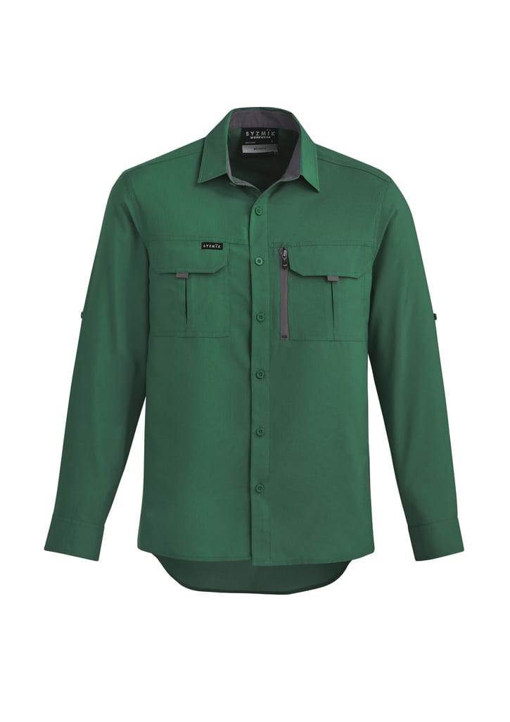 A green men's outdoor long sleeve button-up shirt with chest pockets and a logo.