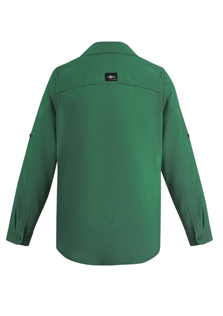 A green men's outdoor long sleeve button-up shirt, featuring a collar and buttoned cuffs, with a logo on the back.