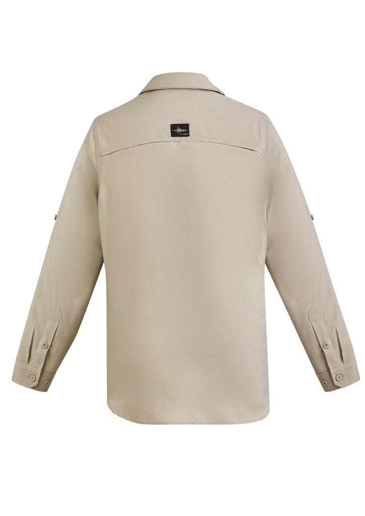 A beige men's outdoor long sleeve button-up shirt featuring a logo on the back.