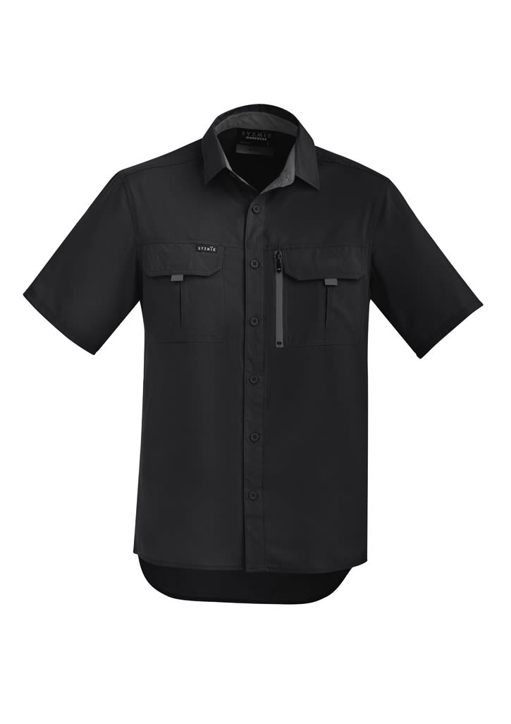 A black short sleeve shirt with button-up front, two chest pockets, and a zippered pocket, featuring a logo.