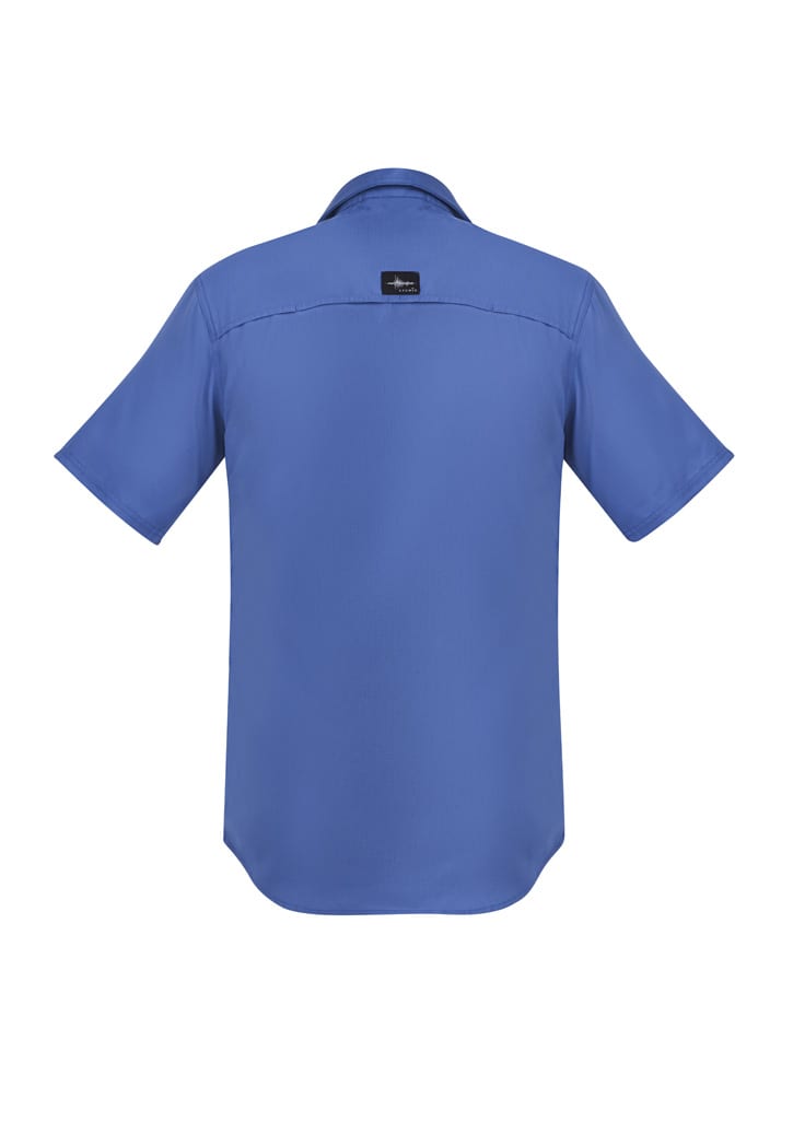 A blue short sleeve button-up shirt featuring a collar and a logo on the back.
