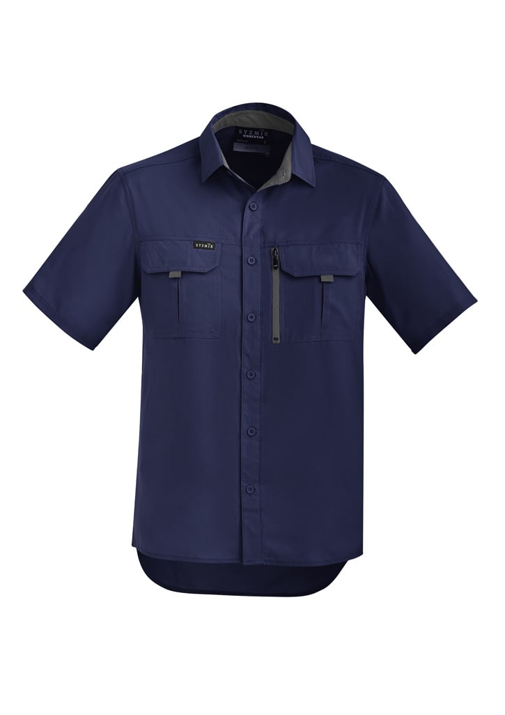 A navy blue men's outdoor short sleeve button-up shirt featuring two chest pockets and a zipper pocket.