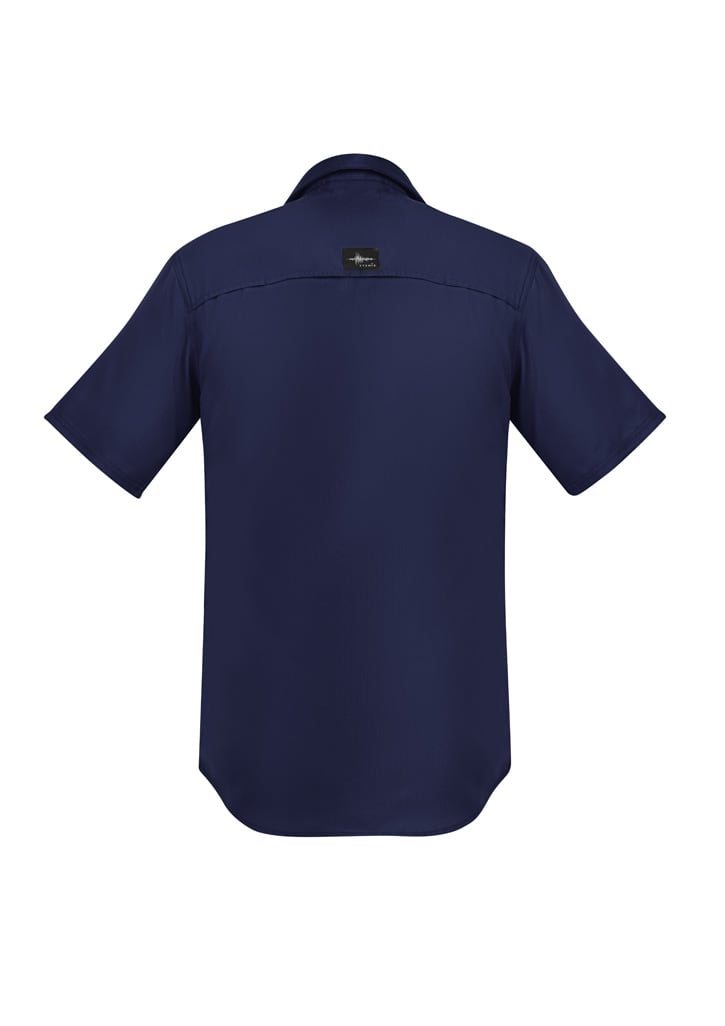 A navy blue men's outdoor short sleeve button-up shirt with a logo on the back.