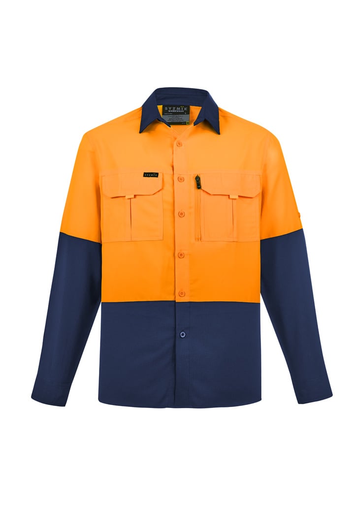 A men's hi-vis long sleeve shirt featuring an orange upper half and navy blue lower half, with two chest pockets and a logo.