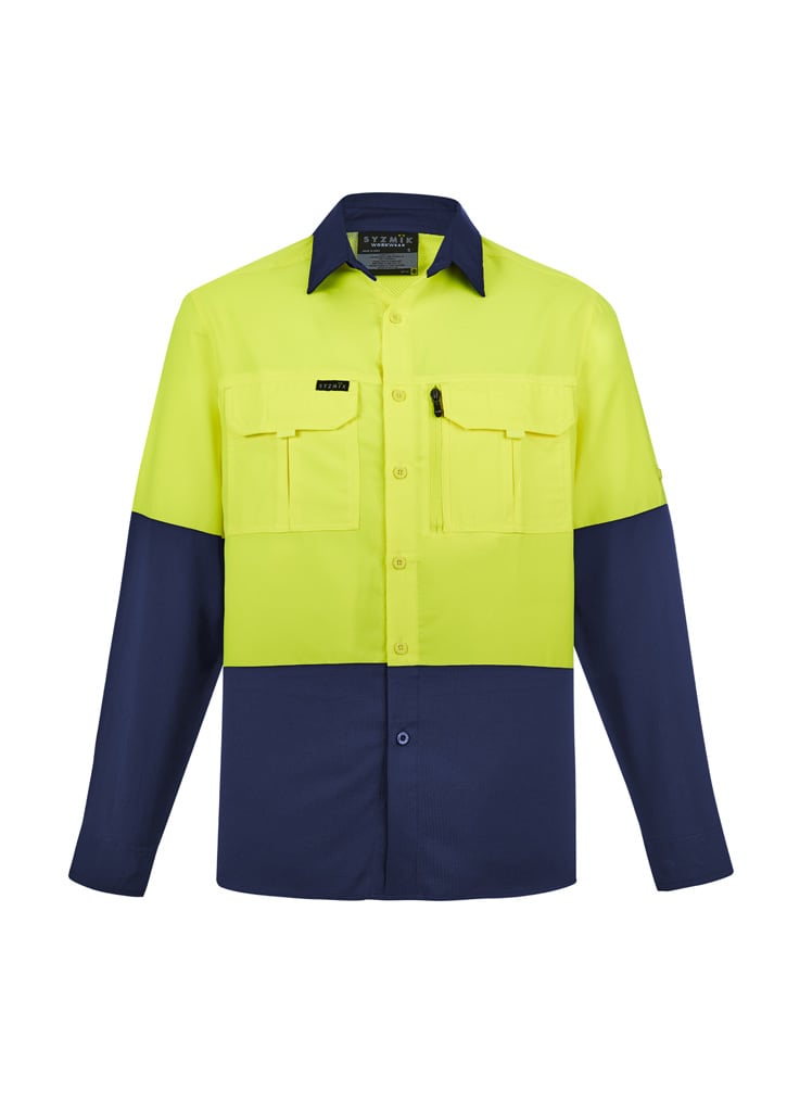 A long sleeve shirt in high visibility yellow and navy blue, featuring two chest pockets and a logo.