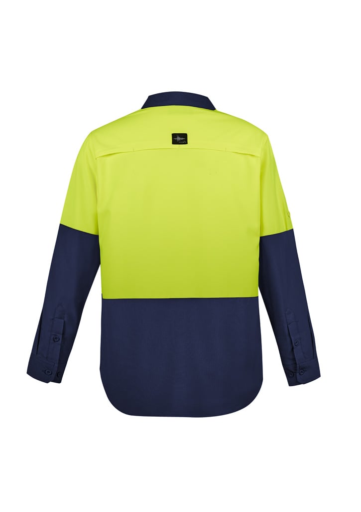 A long sleeve work shirt in high vis yellow and navy, featuring a logo on the back.