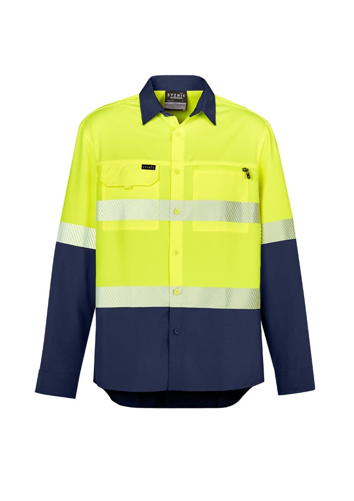 A long sleeve shirt in hi-vis yellow with navy segments and reflective tape, featuring a pocket and branding.