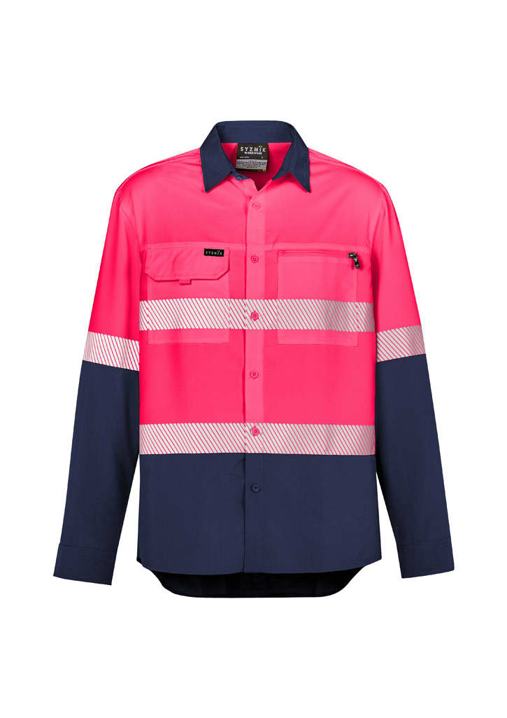 A long sleeve segmented tape shirt in high visibility pink and navy, featuring reflective stripes and a pocket.