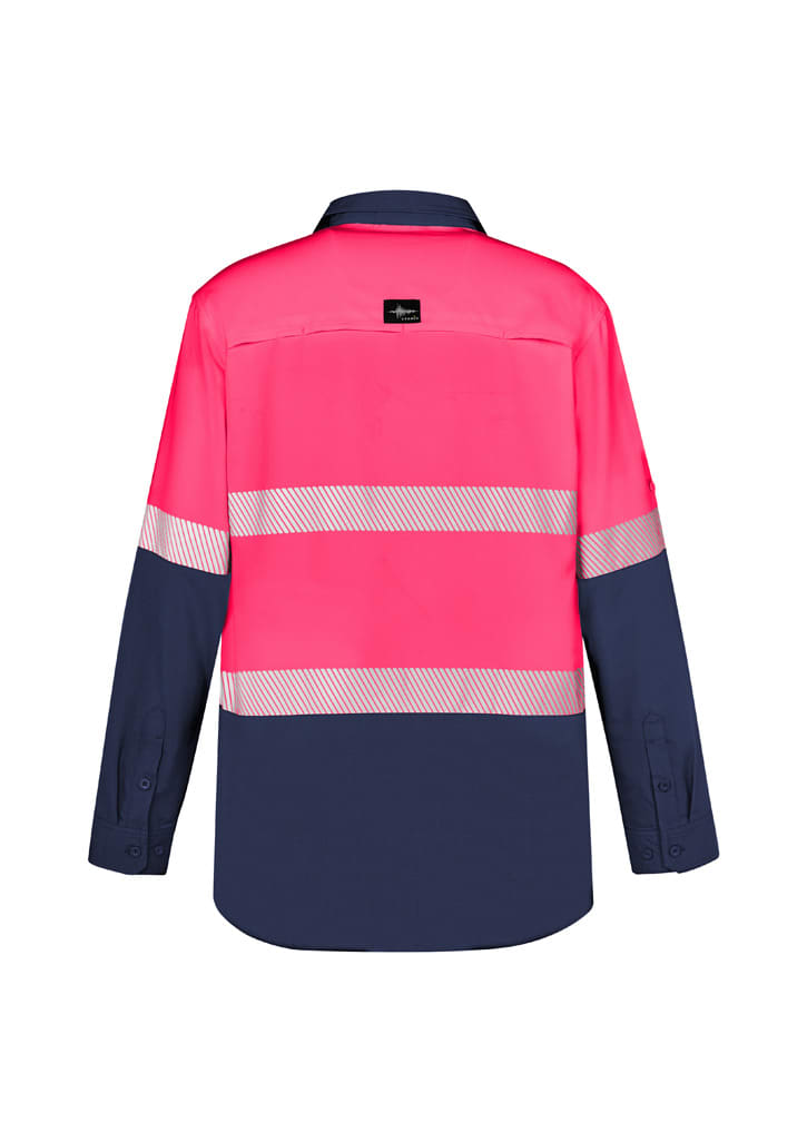A long sleeve work shirt in hi-vis pink and navy, featuring segmented reflective tape and a logo.