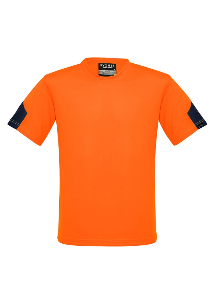 A bright orange T-shirt with navy blue sleeves and a logo on the front. Suitable for workwear use.