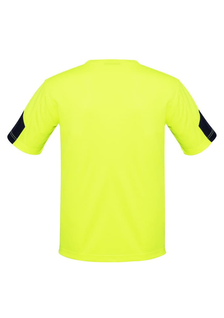 A bright yellow men's T-shirt with black accents on the sleeves, featuring a logo.